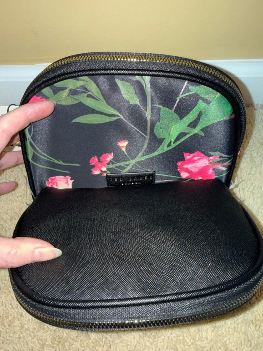 Ted Baker Black Floral Makeup Pouch with Pink Blooms